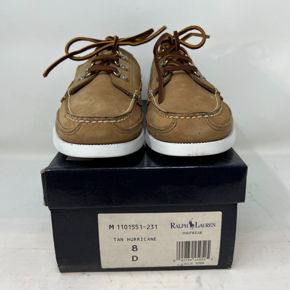 Polo Sport Ralph Lauren Boat Shoes Tan Leather Moc Toe Beige Men's 8D VTG NEW - Picture 14 of 16
